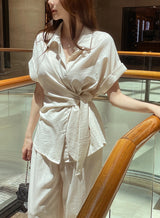 Hedden Linen Shirt Wrap Banding Wide Pants Set