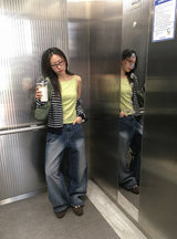 バヒウウォッシュ加工ワイドデニムパンツ