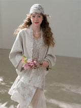 Lace Trim Embroidery Cream Spring Jacket Soft Feminine Casual Outer