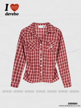 Red checkered shirring long-sleeve shirt
