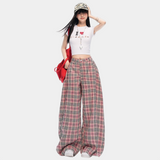 Pink Check Wide-Leg Straight Pants
