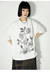 ぼかしバラプリントルーズピュアホワイト半袖Tシャツ(UNISEX)