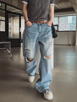 Piece Damaged Wide Denim Pants