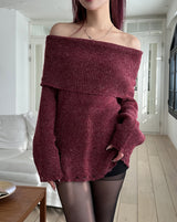 [Wool 25%] Kae Mix Damage Off-Shoulder Knit
