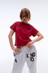 EEERRR Heart lace artwork semi-crop T-shirt (Red)