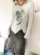 ワンショルダーVネックストライププリンティド長袖Tシャツ