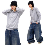 ベーシックヘンリーネックフード付き長袖Tシャツ