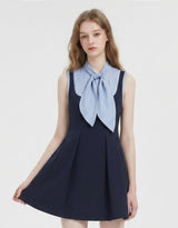 Estelle Ribbon Tie Pleats Mini Dress Sky Navy