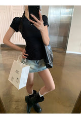 バックシースルービーズブラックラウンド半袖Tシャツ