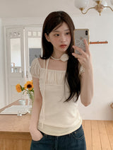 #Hano Layered Rib Short Sleeve T-shirt + Rose Tie Set (3color)