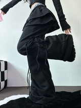 FLEECE PICKABLE❤RIBBON CANCAN BOOTSCUT WIDE 2 STYTLE PANTS🖤🩶🤎💛5COLOR