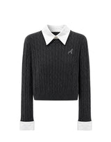 Elysia Contrast Collar Rib Knit Shirt Charcoal