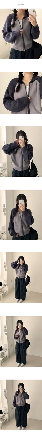 Sera collar color matching nagrang two-way knit zip-up