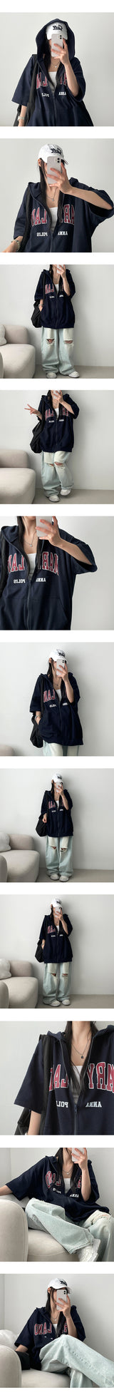 Mary Boxy Short Sleeve Hooded Zip-Up