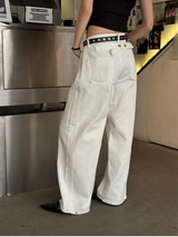 Stitch back strap wide denim pants(2color)