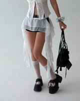 unbalanced see-through frill layered belt skirt
