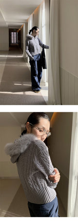 Warm Fur Hooded Zip-Up Knit Cardigan