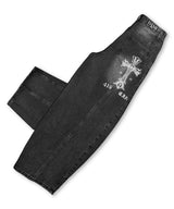 Cross Print Curved Ballon Denim_Black