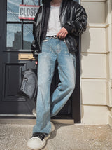 Crystal lettering washed denim pants