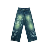 Cotton fountain pattern burnout contrast color washed straight jeans trousers