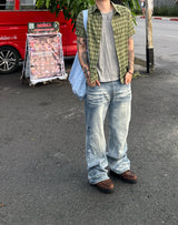 No.1771 sway check roll-up half SHIRT (3color)