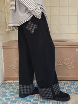 Check folding fleece pants / black