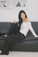 wide neck lettering normal fit long-sleeved T-shirt