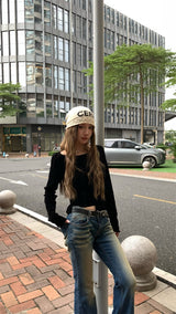 Back see-through lace long-sleeved T-shirt