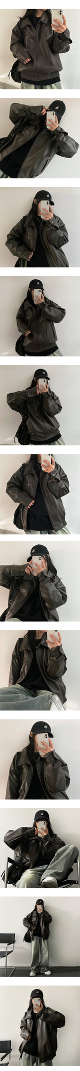 STS ジッパー オーバーサイズ フィット カラー レザー ジャンパー