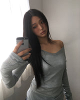 Rine リブ編みVネックシアーロングスリーブTシャツ