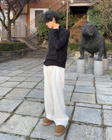 オーラワンピンタックコットンフリースワイドパンツ (Black)