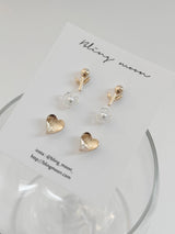 [3 set] flower heart earring set / simple, lovely, pointy, daily, spring, summer flower