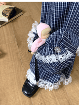 ブルーチェックレースドローストリングポケットパンツ