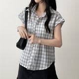 Retro Mood Sleeve Roll-Up Checkered Shirt Blouse