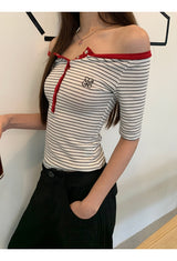 レッドラインストライプオフショルダートップ
