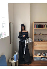 ストライプ スリム オフショルダー 長袖 ニット Tシャツ