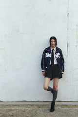 (W) CROP BIG LOGO PIPING BLUESON - NAVY