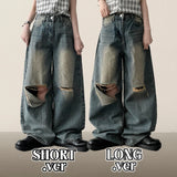 Andy Knee Damage Cutting Deep Washed Denim Wide Pants
