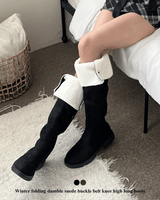 Winter folding dumble suede buckle belt knee high long boots (2 colors)