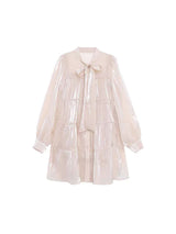 Peach puff ribbon neck shirt button dress