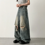 Andy Knee Damage Cutting Deep Washed Denim Wide Pants