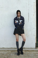 (W) CROP BIG LOGO PIPING BLUESON - NAVY