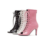 Eyelet Patent Lace-up Open Toe Heel(Black)