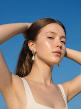 Ethnic Button and Long Pearl Earrings - Gold Color