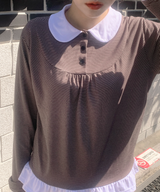 Round collar striped frill T-shirt