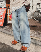 Shell washing wide balloon denim pants