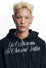 Lettering Embroidered Hoodie Zip-Up - Black