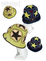 Cotton Linen Raffia Crochet Bucket Hat with Brim and 5 Granny Square Star Patches