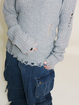 ラバーVネックダメージカットポイント長袖ニット (wool material)
