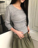 Nilon V-Neck Side-Shirring 7-Sleeve T-Shirt